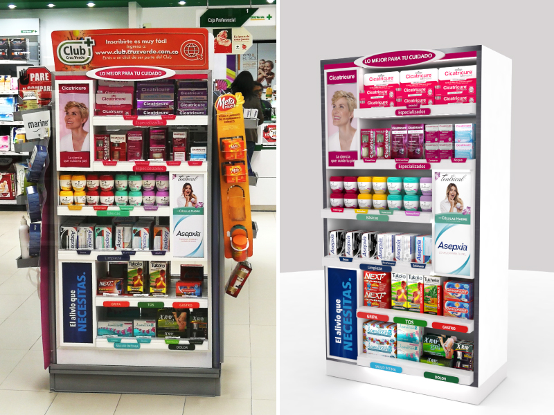 Mueble-punta-de-gondola-cruz-verde-categoria-facial